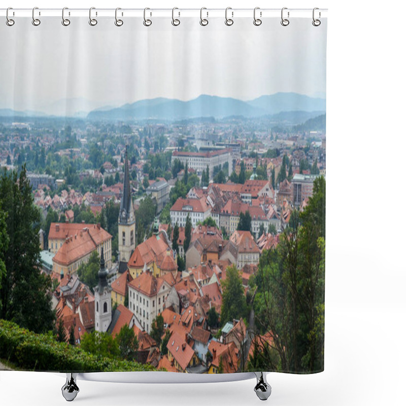 Personality  Aerial View Of The Old City Ljubljana, The Capital Of Slovenia. Buildings With Red Tile Roofs, Mountain Range In The Background, Seen From City Castle Hill Shower Curtains