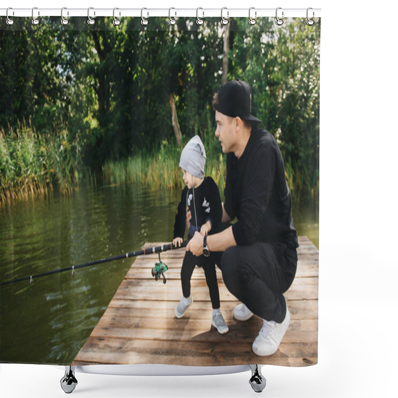 Personality  Father And Cute One-year-old Son Fishing With A Fishing Rod In Nature. The Concept Of Rural Getaway. Article About Fishing Day. Shower Curtains