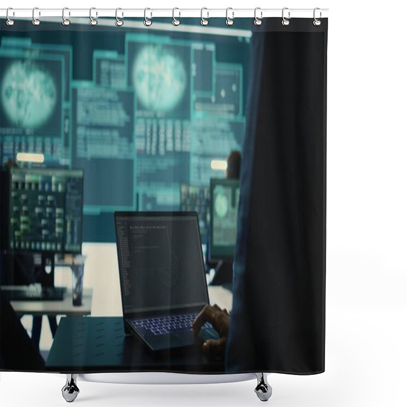 Personality  Governmental Hackers At Work Monitoring Cyber Threats In High Tech Agency, Implementing Cybersecurity Measures. IT Expert Focuses The Importance Of Online Privacy And Malware Protection. Camera B. Shower Curtains