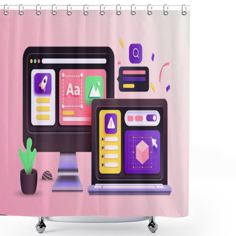 Personality  Modern 3d Concept Of Graphic Design Process. Icons Of Graphic Designer Items And Tools. 3d Vector Illustration Shower Curtains