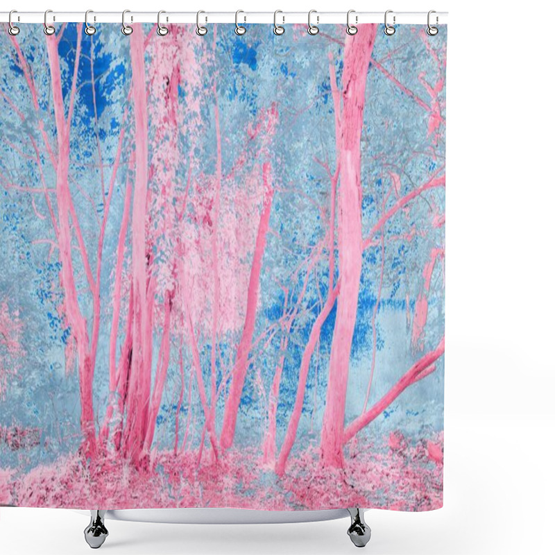 Personality  Surreal Forest Scene With Vibrant Pink And Blue Foliage, Creating An Ethereal Atmosphere. Shower Curtains