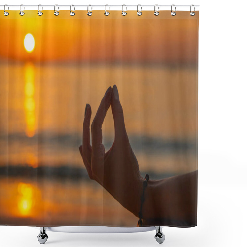 Personality  Adult Woman Do Meditation On The Ocean Beach At Sunset Close Up  Shower Curtains