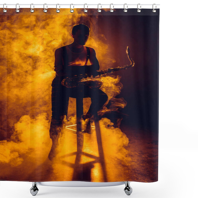 Personality  Silhouette Of Young Musician Sitting On Stool And Holding Saxophone In Smoke  Shower Curtains