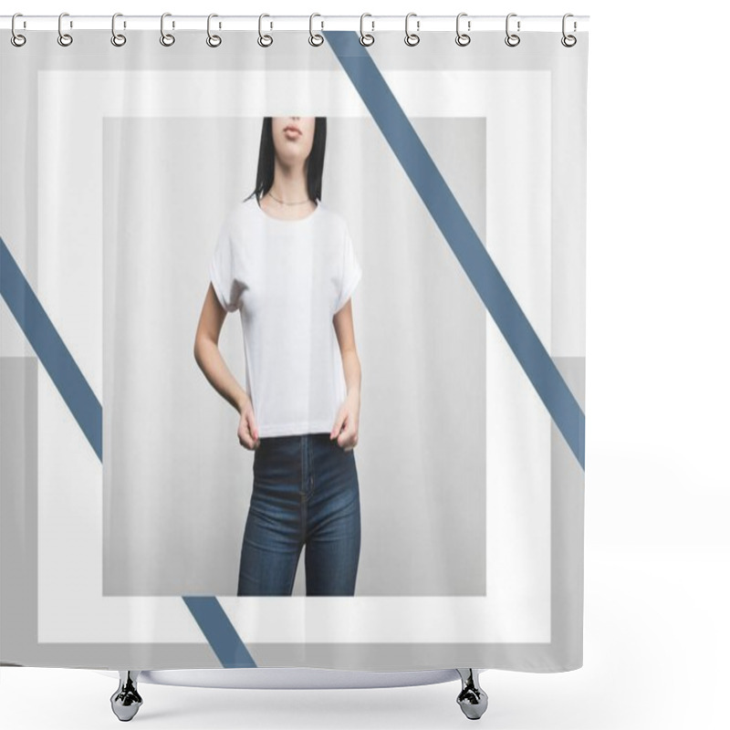 Personality  Young Woman In Blank T-shirt On White With Creative Frame Shower Curtains