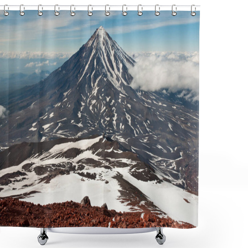 Personality  View Of Koryaksky Volcano As Seen From The Slope Of Avachinsky. Koryakskaya Sopka Rises Above The Clouds. Small Figures Of Tourists Climbing Up Avachinsky Can Be Seen Below. Kamchatka Krai, Russia Shower Curtains