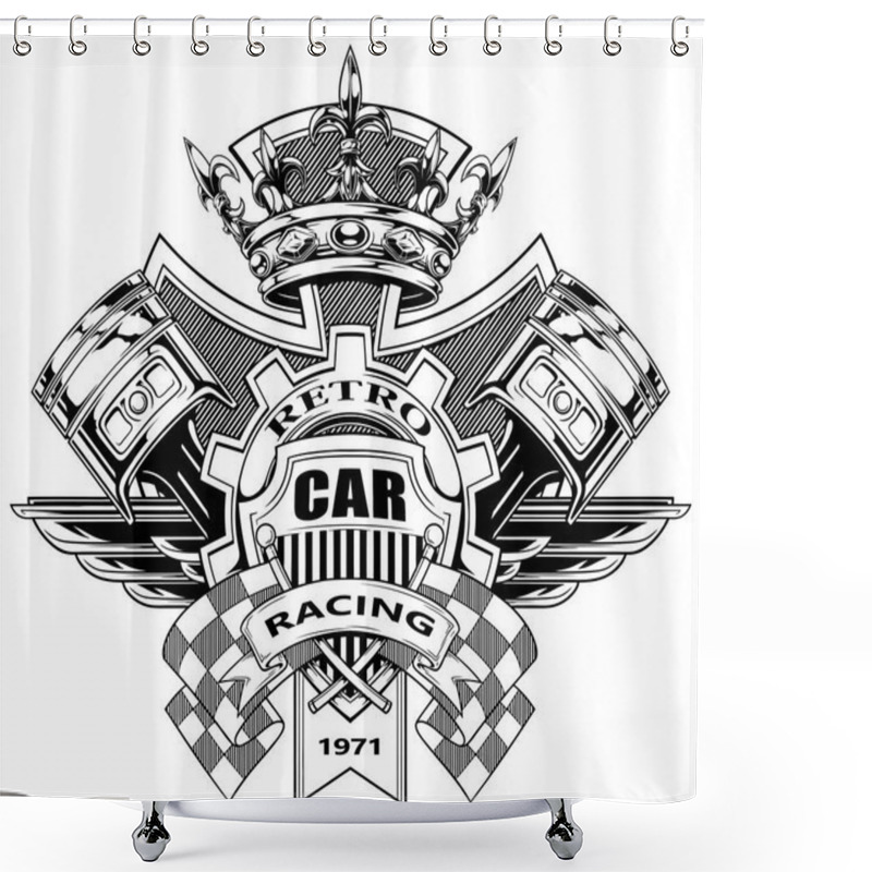 Personality  Graphic Coat Of Arms With Pistons And Racing Flags Shower Curtains