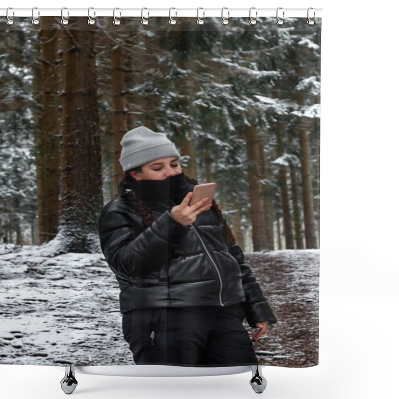 Personality  Young Woman Using The Smart Phone In A Snowy Forest In Denmark Using Warm Clothes Shower Curtains