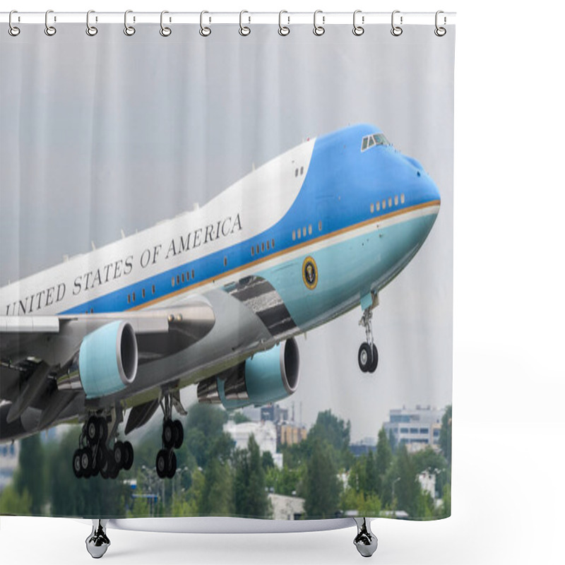 Personality  Warsaw, Poland - June 4, 2014: Air Force One With President Of The United States Barack Obama Departing From Warsaw Chopin Airport Shower Curtains