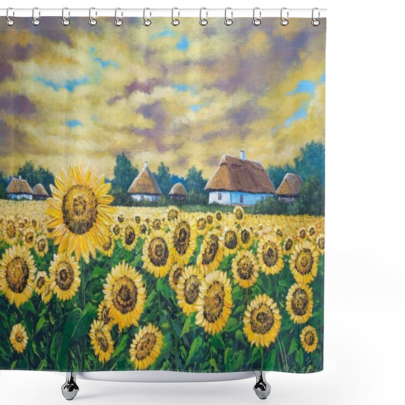 Personality  Rustic Landscape, Oil Paintings Rural Landscape, Old Village, Sunflower Field And Sky. Fine Art, Artwork Shower Curtains