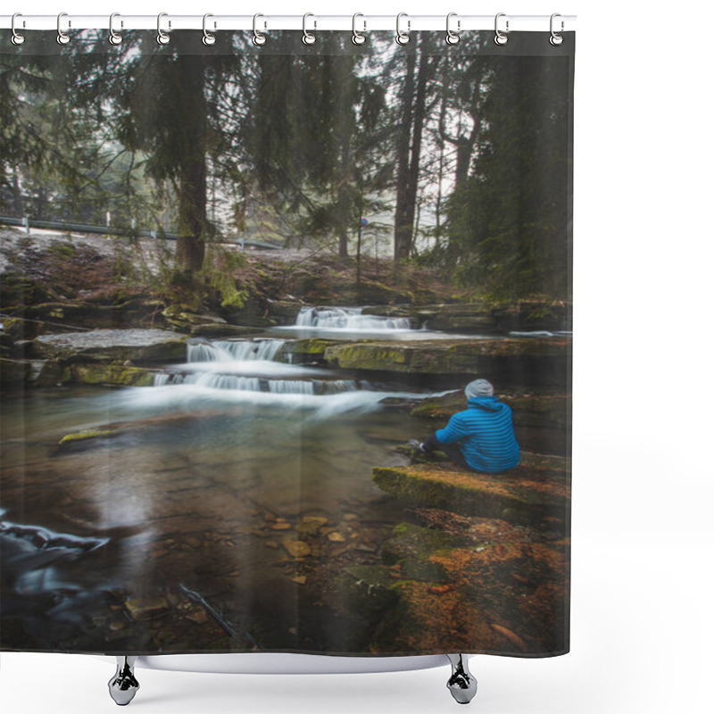 Personality  Clear Water Photographed With Long Exposure Time Through Flowing Rocks Covered With Moss With Autumn Colours Of Leaves And Tourist Sits Next To Waterfall. Krasna, Beskydy Mountains, Czech Republic. Shower Curtains