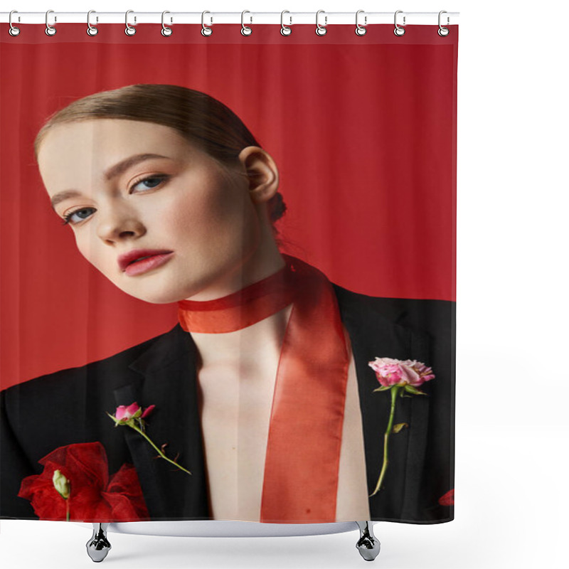 Personality  A Beautiful Young Woman Showcases Flowers While Radiating Grace And Confidence. Shower Curtains