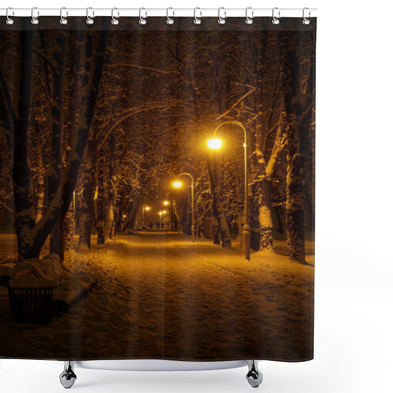 Personality  Footpath In A Winter City Park. Row Of Lanterns Shower Curtains