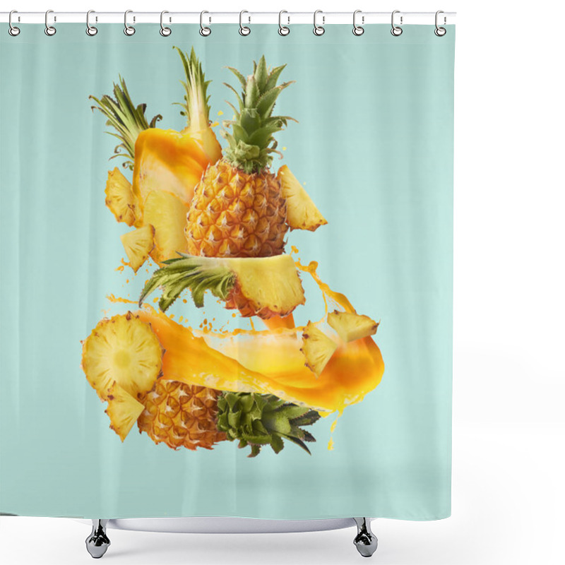 Personality  Flying In Air Fresh Ripe Whole And Cut Baby Pineapple With Slice Shower Curtains