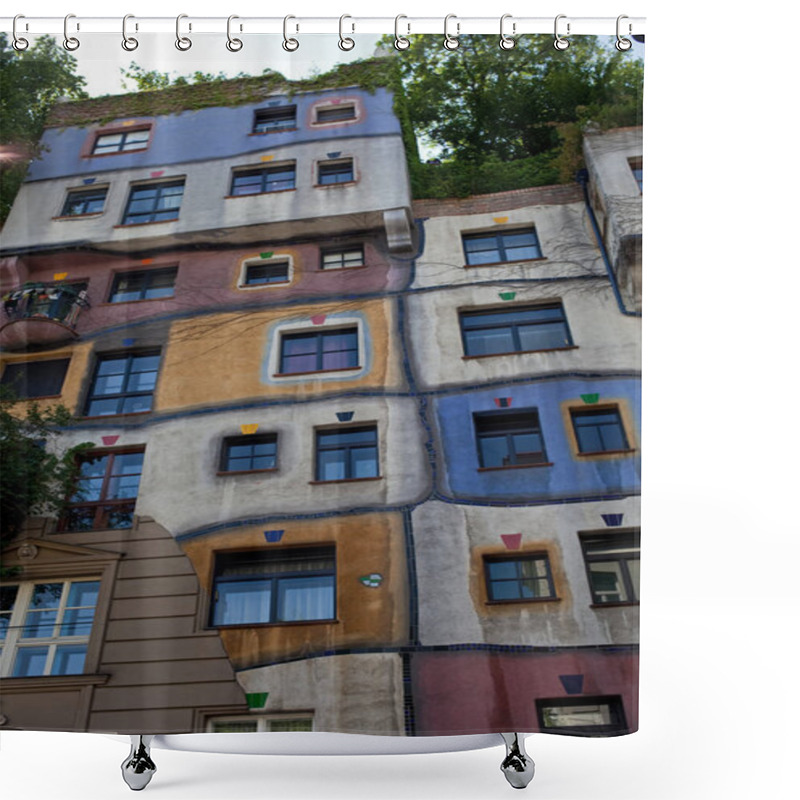 Personality  Vienna, Austria - July 7 2017: The Work Of The Famous Architect Hundertwasser. Hundertwasser House - Colorful And Asymmetric, One Of The Iconic Landmarks In Vienna.  Shower Curtains