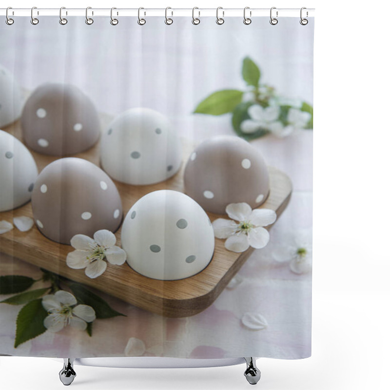 Personality  Happy Easter, Eco Concept. Easter Eggs In Wooden Tray On Pink Tile Background Shower Curtains