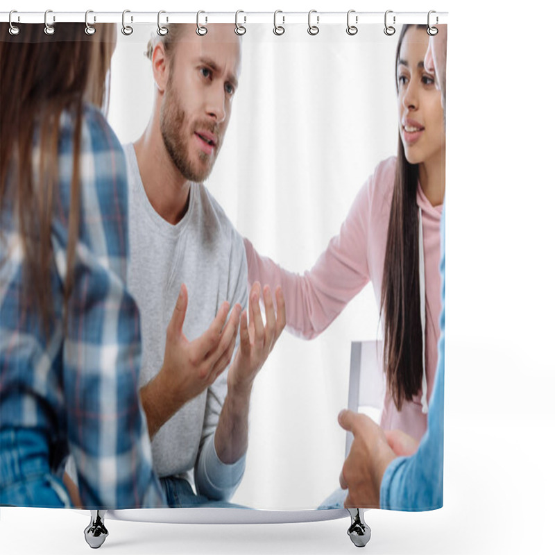 Personality  Multicultural Support Group Helping Sad Man On Chair Isolated On White Shower Curtains