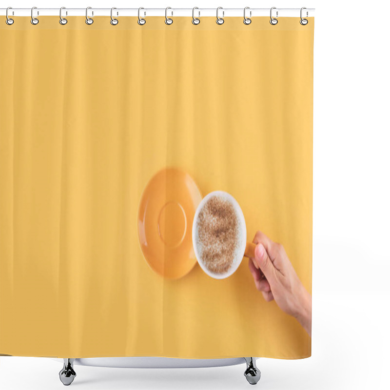 Personality  Hand Holding Cup Of Cappuchino Coffee On A Yellow Background. Space For Text. Shower Curtains