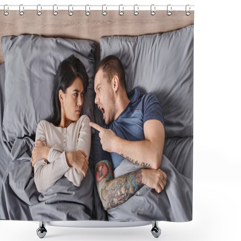 Personality  Top View Of Irritated Interracial Couple Lying Down On Bed Shouting And Quarreling At Each Other Shower Curtains