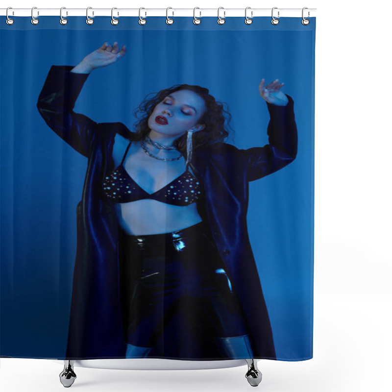 Personality  A Fashionable Woman Expresses Joy In A Vibrant Setting. Shower Curtains