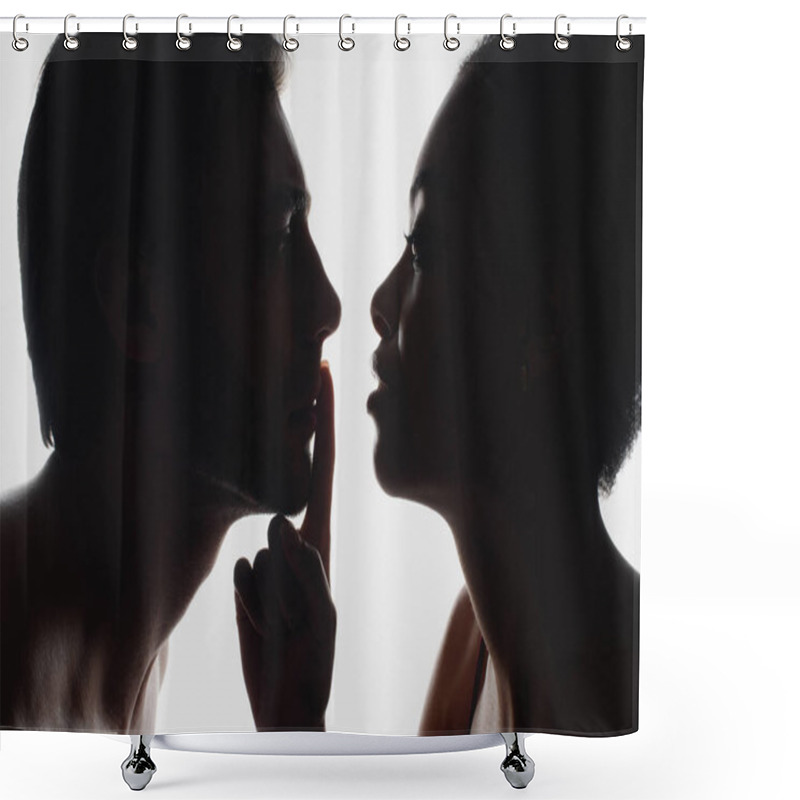 Personality  Side View Of Silhouette Of African American Woman Showing Silence Sign To Boyfriend Shower Curtains