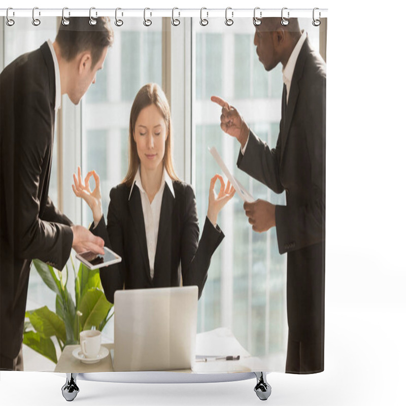 Personality  Beautiful Businesswoman Meditating At Workplace, Ignoring Work A Shower Curtains