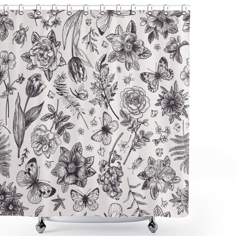 Personality  Seamless Floral Pattern With Beetles,  Butterflies And Garden Flowers. Vector Botanical Illustration. Cute Summer And Spring Background. Black And White. Shower Curtains