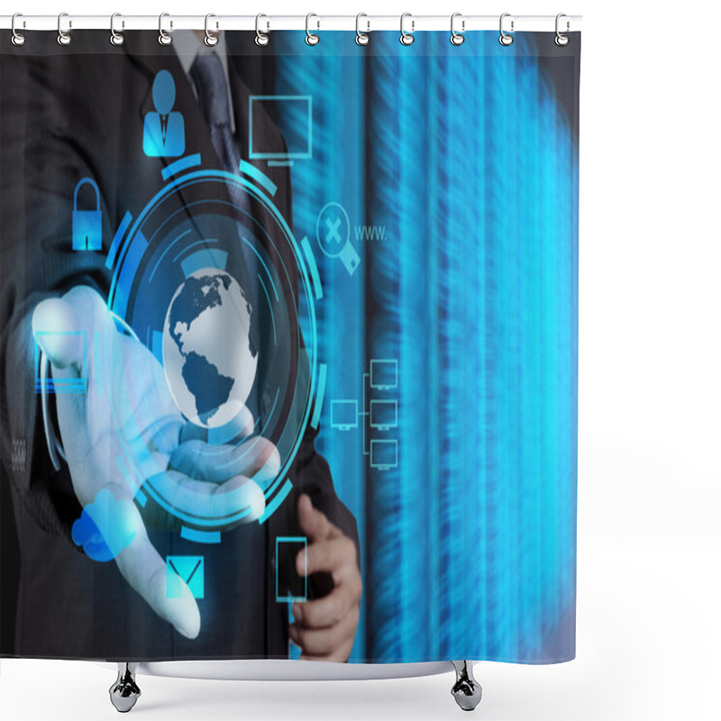 Personality  Businessman Hand Holding Cloud Network Icon On Touch Screen Comp Shower Curtains