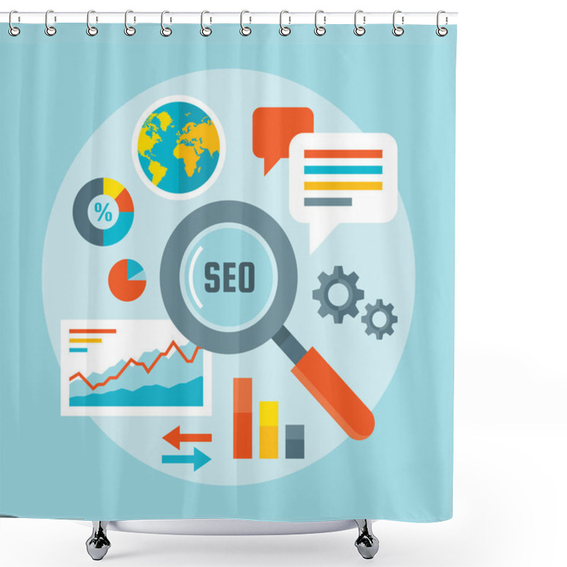 Personality  Search Engine Optimization - Concept Vector Illustration In Flat Design Style. Web Analytics Information And Development Website Statistic. SEO Creative Banner. Icons Set.  Shower Curtains