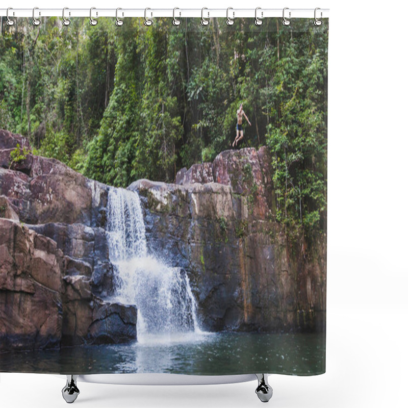 Personality  Adventure, Brave Man Jumping To The Waterfall, Canyoning Or Extreme Sport, Bravery Concept Shower Curtains