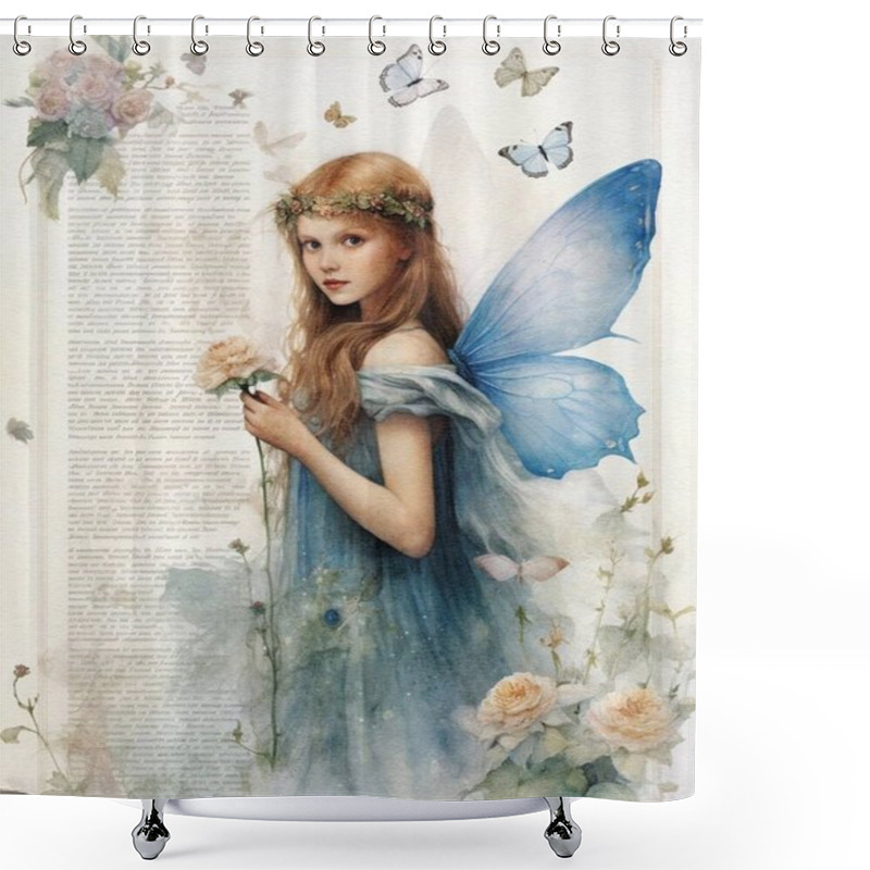 Personality  Watercolor Illustration Of A Fairy With Wings In A Blue Dress On A Vintage Background, Scrapbooking Paper Shower Curtains