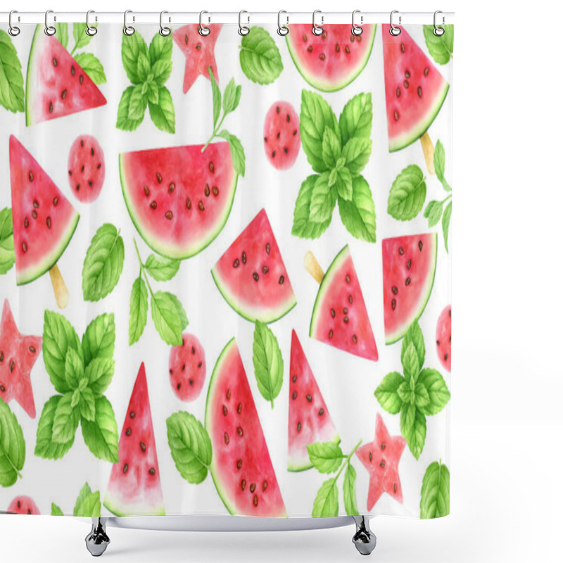 Personality  Watermelon Slices,balls,stars And Mint Leaves.Fresh Fruits And Herbs Isolated On White.Top View,flat Lay.Summer Party Cocktail,smoothie,refreshing Drinks Background.Watercolor Illustration. Shower Curtains