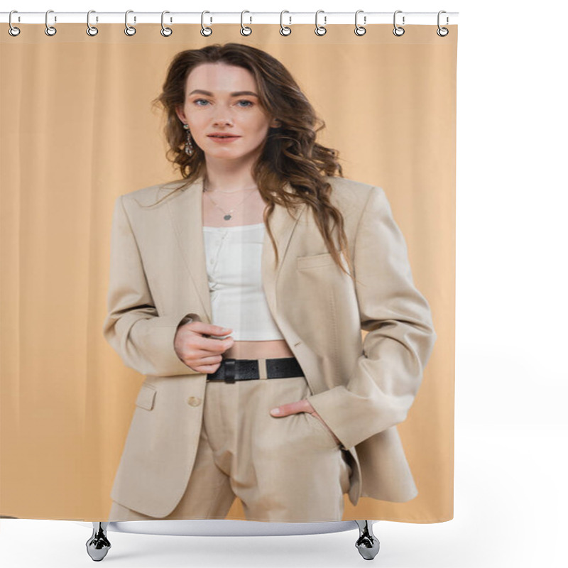 Personality  Fashion Trend Concept, Young Woman With Wavy Hair Standing In Fashionable Suit And Looking At Camera On Beige Background, Hand In Pocket, Classic Style, Stylish Posing  Shower Curtains