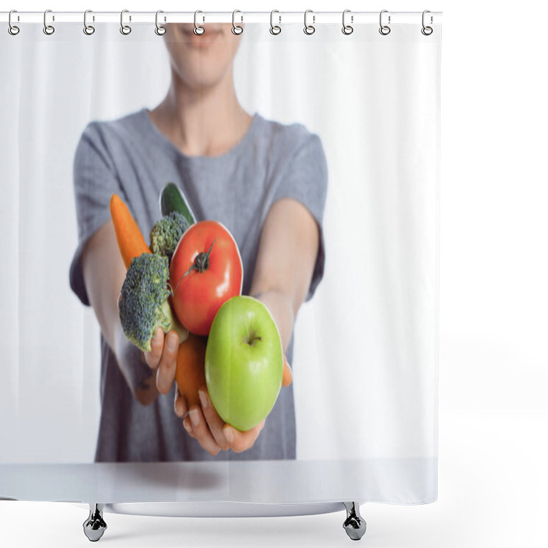 Personality  Close-up View Of Woman Holding Fresh Ripe Apple And Vegetables Shower Curtains