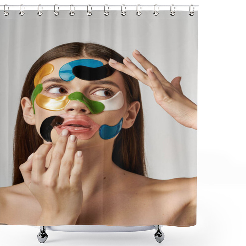 Personality  A Beautiful Young Woman With Eye Patches On Her Face, Showcasing Creativity And Artistry. Shower Curtains