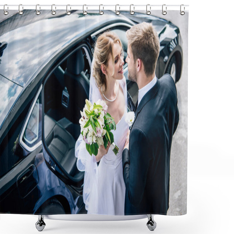 Personality  Bridegroom In Suit Kissing Attractive And Blonde Bride With Bouquet Shower Curtains