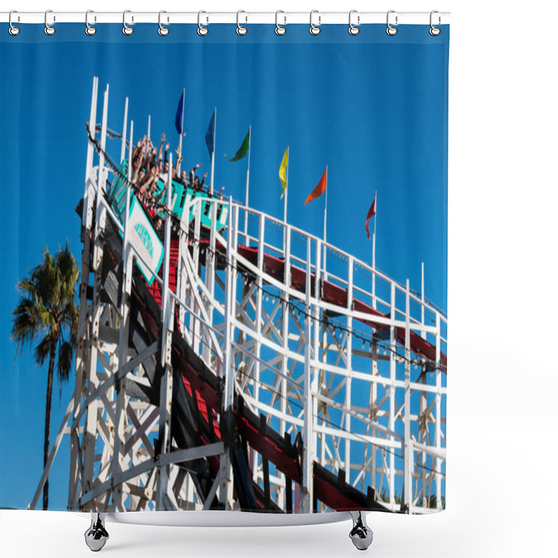 Personality  SAN DIEGO, CALIFORNIA - FEBRUARY 9, 2018:  People Ride The Giant Dipper Roller Coaster, Built In 1925, And Located At Belmont Park On The Mission Beach Boardwalk. Shower Curtains