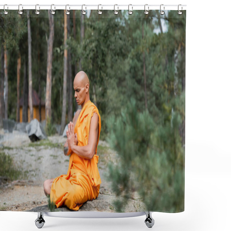 Personality  Buddhist Monk In Orange Robe Meditating With Closed Eyes In Lotus Pose Shower Curtains