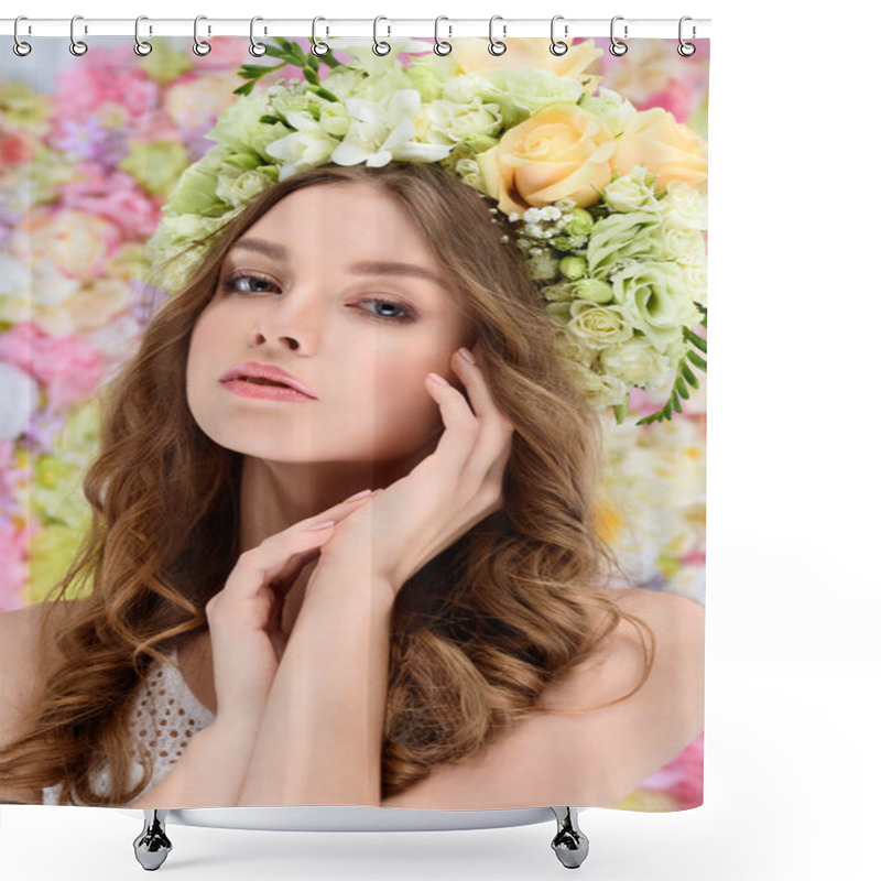 Personality  Close-up Portrait Of Sensual Young Woman In Floral Wreath Shower Curtains