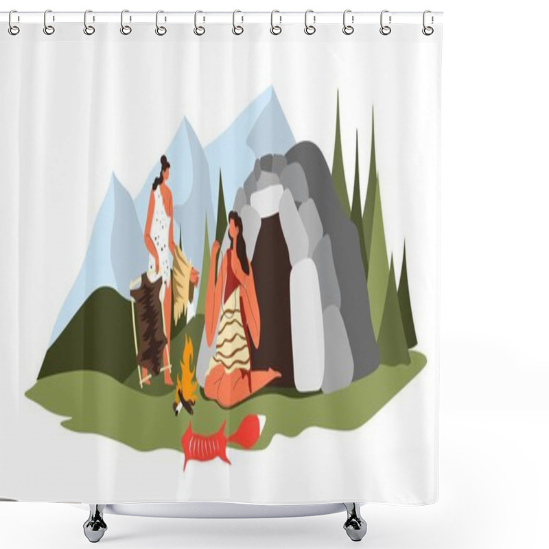 Personality  People Sewing Clothes From Fur And Skin Of Killed Animals. Prehistoric Period Culture And Daily Life, Women Caring For Cave Houses And Household. Girls By Small Fireplace. Vector In Flat Style Shower Curtains