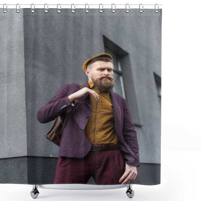 Personality  Stylish Bearded Man With Backpack Standing On Street  Shower Curtains