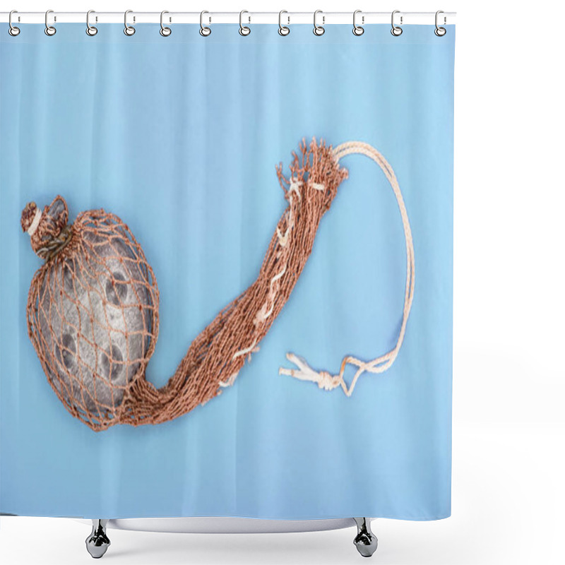 Personality  Top View Of Fishing Net Isolated On Blue  Shower Curtains