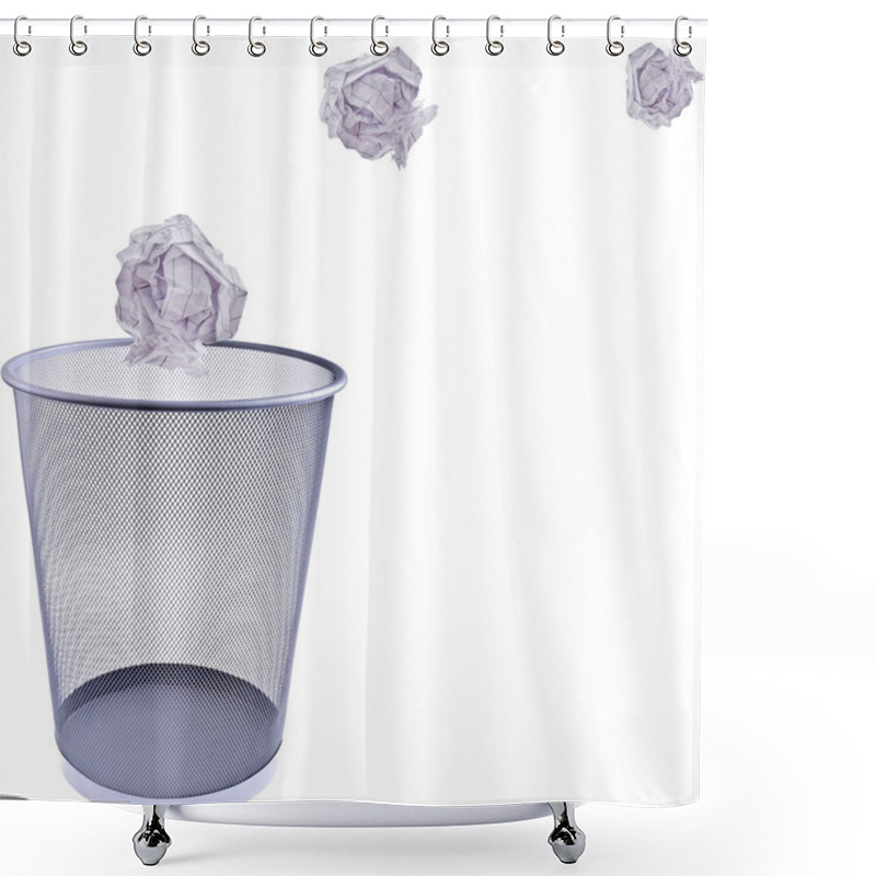 Personality  Tossing Paper Into A Wastebasket, Completely Isolated On Whit Shower Curtains