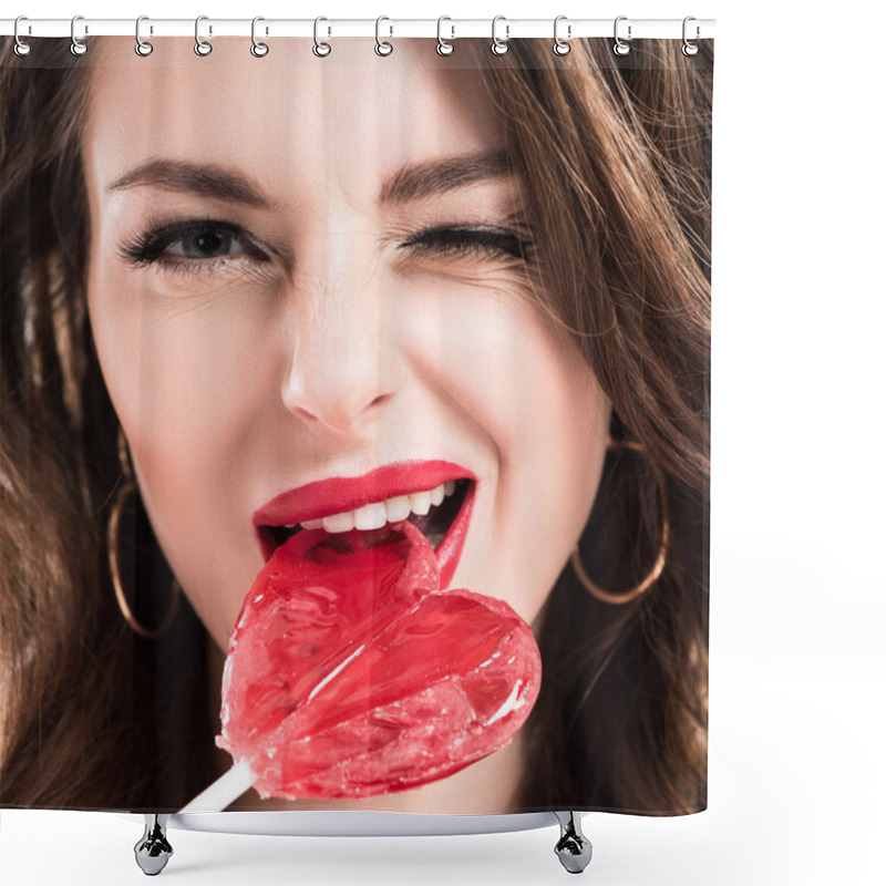 Personality  Seductive Girl Biting Heart Shaped Lollipop, Valentines Day Concept   Shower Curtains