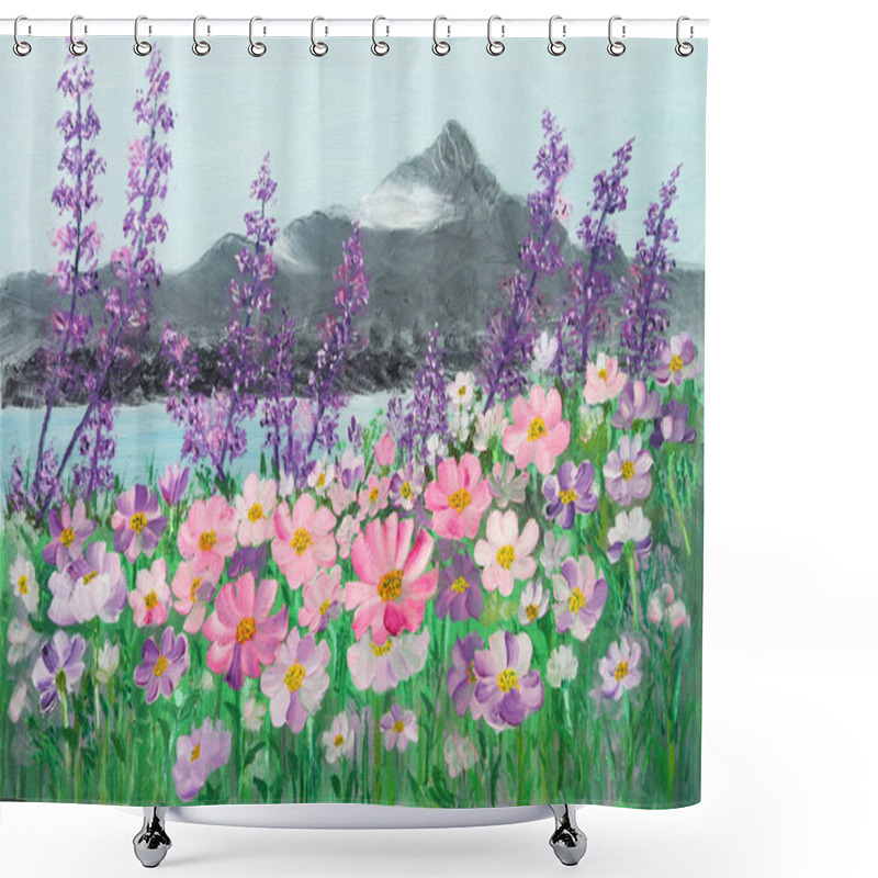 Personality  Oil Painting Of Field Of Pink And Purple Cosmos Daisies By Mountain Lake Shower Curtains