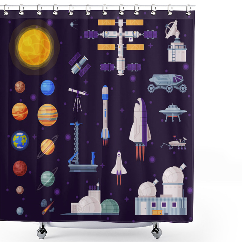 Personality  Space Objects Collection, Solar System Planets, Rocket, Shuttle, Rover, Artificial Satellite, Observatory, Spaceport, Space Industry Concept Vector Illustration Shower Curtains