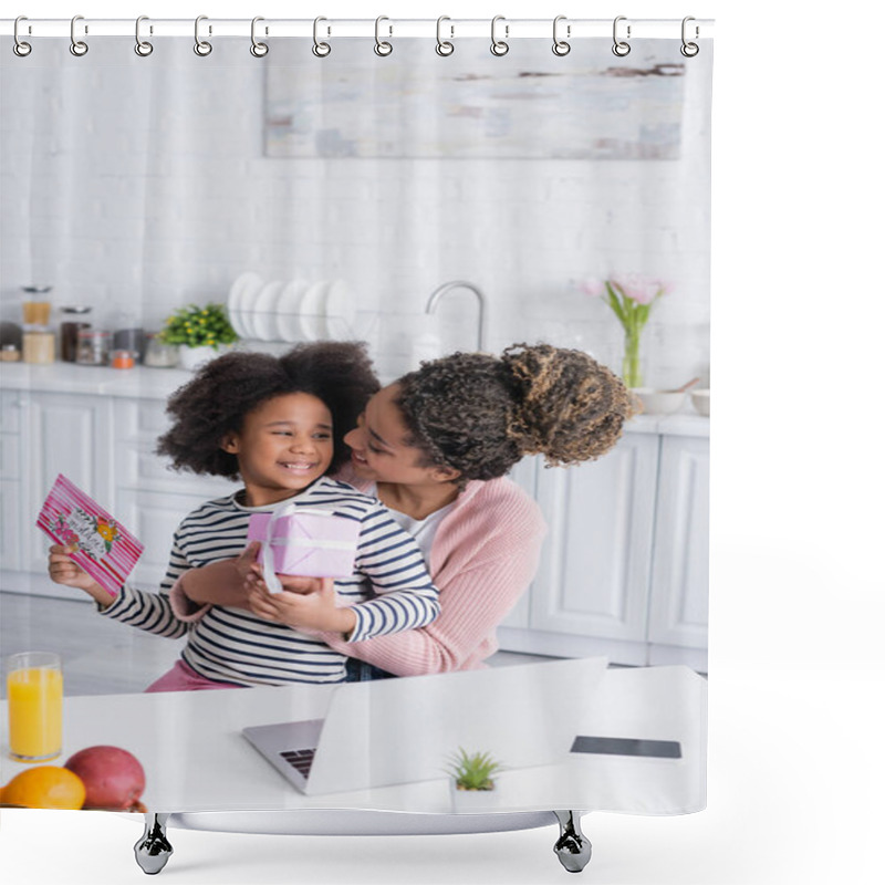 Personality  Happy African American Woman Embracing Daughter Holding Present And Greeting Card In Kitchen Shower Curtains