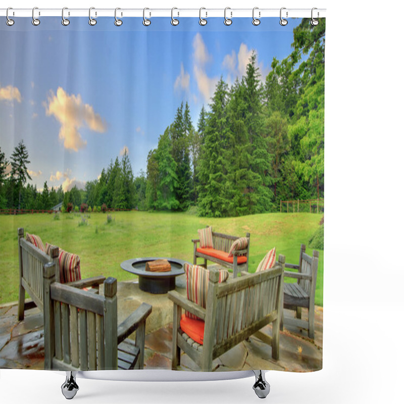 Personality  Sitting Benches And Fire Pit And Green Nature Shower Curtains