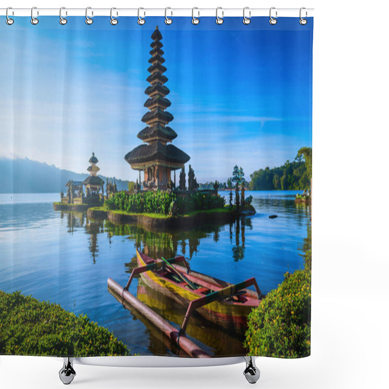 Personality  Pura Ulun Danu Bratan, Hindu Temple With Boat On Bratan Lake Landscape At Sunrise In Bali, Indonesia. Shower Curtains