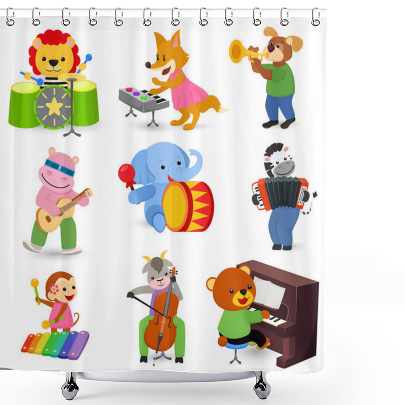 Personality  Animal Music Vector Animalistic Character Musician Lion Or Dog Playing On Musical Instruments Guitar And Piano Illustration Set Of Elephant Or Monkey With Drum Isolated On White Background Shower Curtains