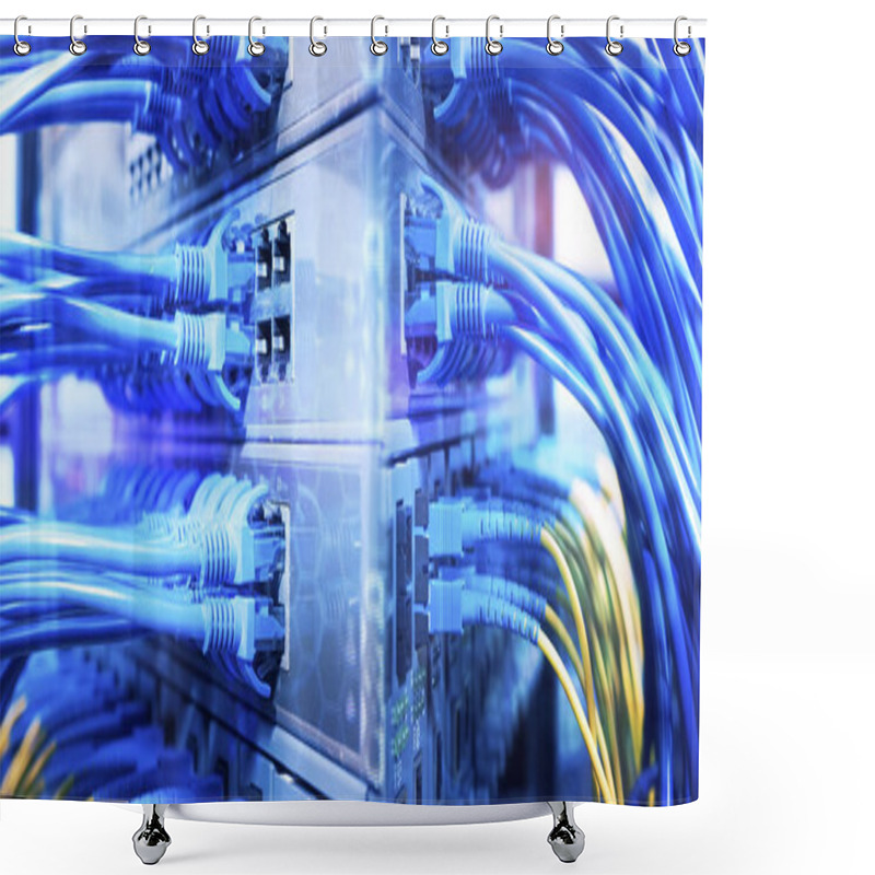 Personality  Network Switch And Ethernet Cables In Server Room. Patch Cords Connected To Router In Data Center. Horizontal Technology Background Shower Curtains